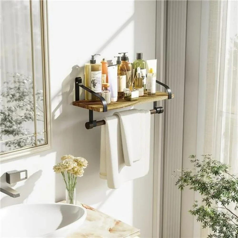Floating Shelf Wall Shelf Rustic Wood with Towel Bar and 8 Removable Hooks